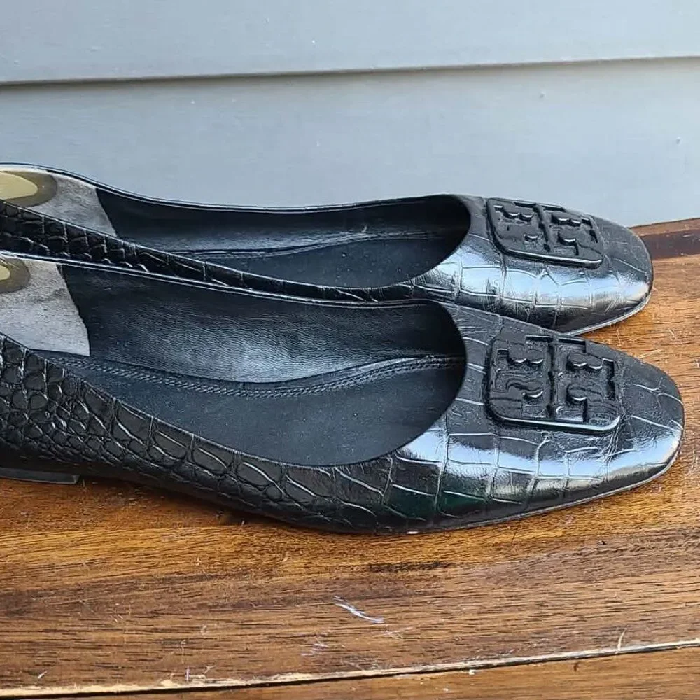 Tory Burch Georgia Black Leather Ballet Soft Croco Embossed Flats size 8 1/2